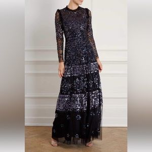 Needle & Thread Aurora Gown Midnight Black Long Sleeve Dress Sequin size 8 US